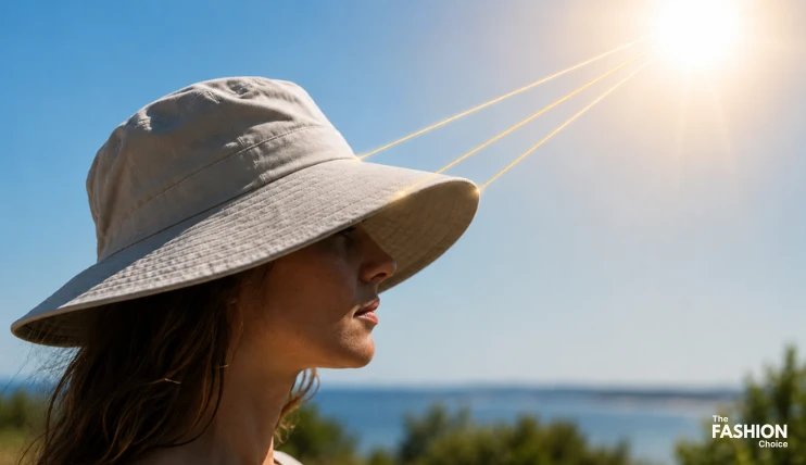 UV rays stopping at a UPF sun hat before reaching the wearer's face and skin
