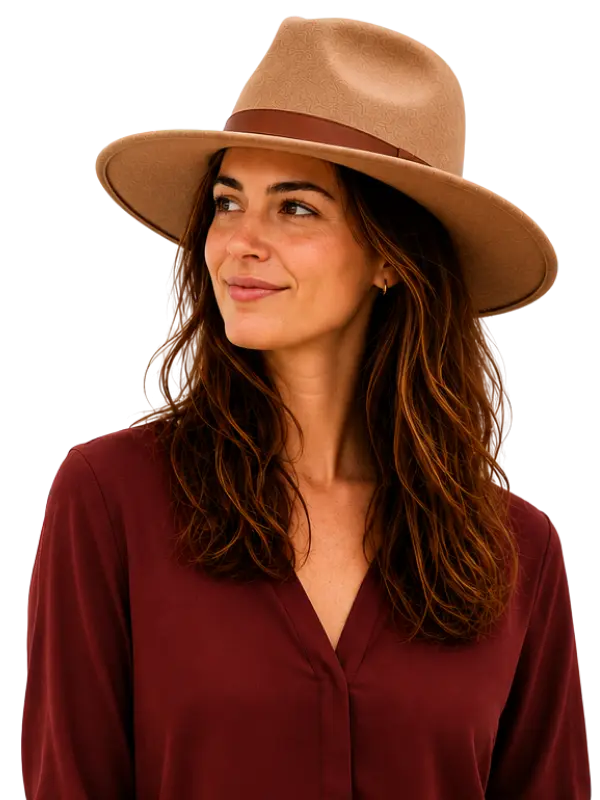 Home 1 Woman wearing a camel felt hat to help illustrate finding the right hat for your face shape.