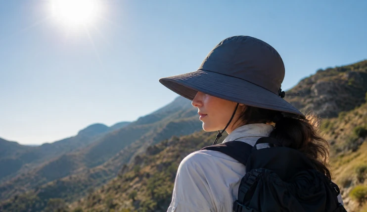 Home 7 Woman hiking in bright sunlight wearing a wide-brim UPF sun hat for UV protection