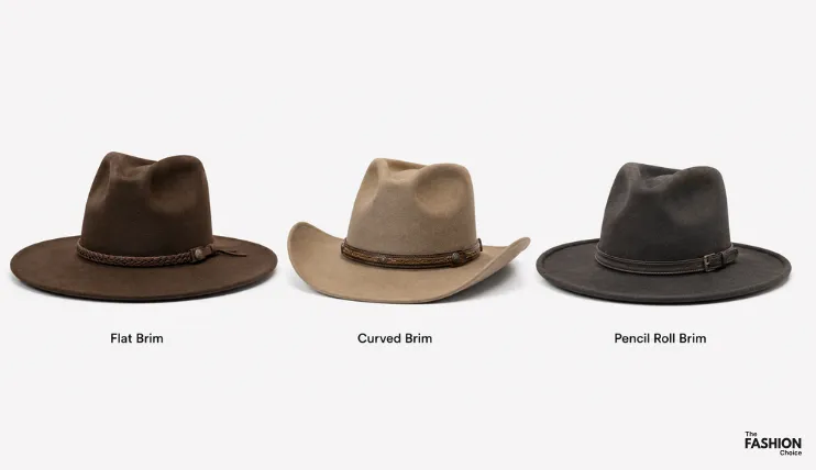 Comparison of three common cowboy hat brim styles: flat brim, curved brim, and pencil roll brim.