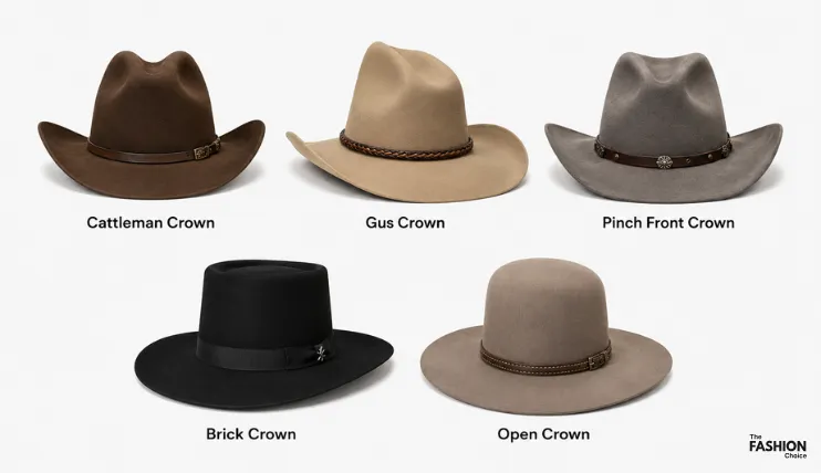 Examples of common cowboy hat crown shapes including Cattleman, Gus, Pinch Front, Brick, and Open Crown.