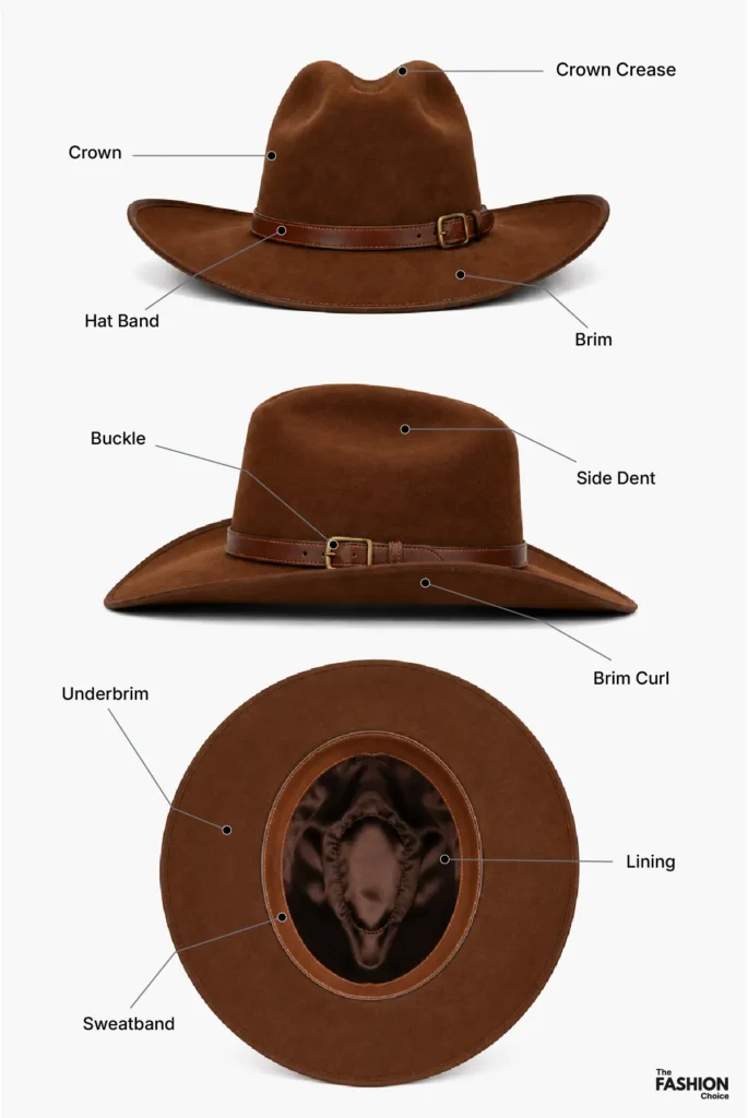 Anatomy of a cowboy hat diagram showing the crown, crown crease, hat band, buckle, brim, side dent, sweatband, lining, and underbrim.