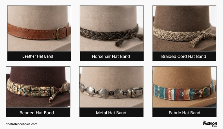 Six cowboy hat band materials including leather, horsehair, braided cord, fabric, beads, and metal