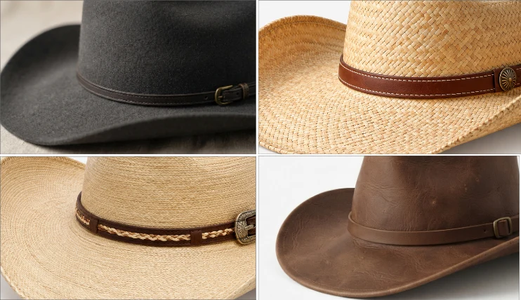 Four cowboy hats made from straw, felt, leather, and palm leaf showing different cowboy hat materials.