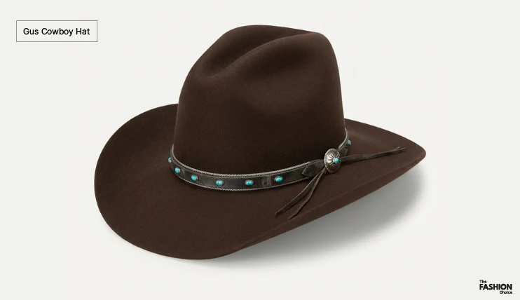 Types of Cowboy Hats 4 Gus cowboy hat with a tall sloped crown, front pinch, and curved brim