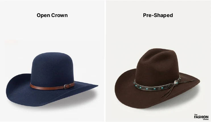 Comparison of an open crown cowboy hat with no crease and a pre-shaped cowboy hat with a center crease