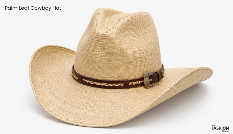 Natural palm leaf cowboy hat showing its rough, textured material and Western hat shape