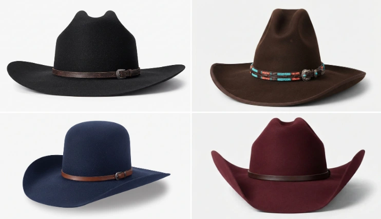 Home 13 Different styles and colors of felt cowboy hats showcasing popular types of cowboy hats.