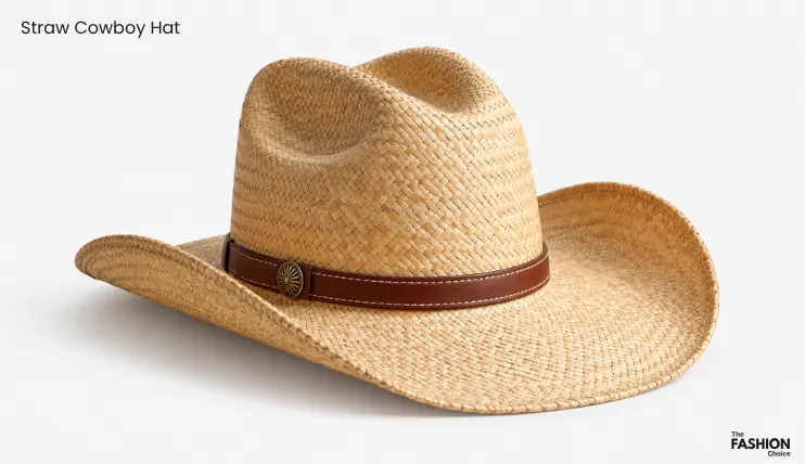 straw cowboy hat showing its natural woven material and Western hat shape