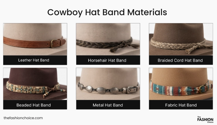 Six cowboy hat band materials including leather, horsehair, braided cord, fabric, beads, and metal