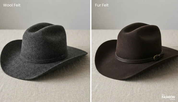 Side-by-side comparison of wool felt and fur felt cowboy hats showing their different material textures