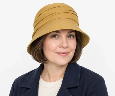 Woman wearing cloche hat with short hair