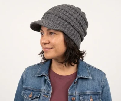 woman wearing a knit brimmed beanie cap