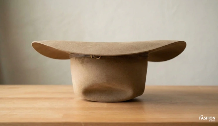 Cattleman cowboy hat resting upside down on its crown to protect the brim