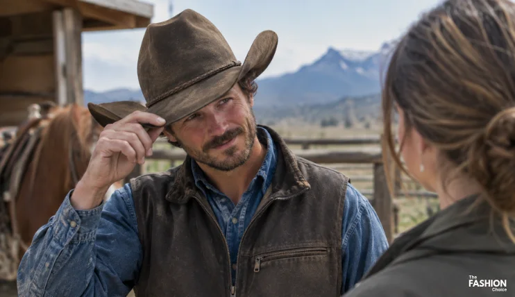 Cowboy tipping his hat to a woman while greeting her at a working ranch