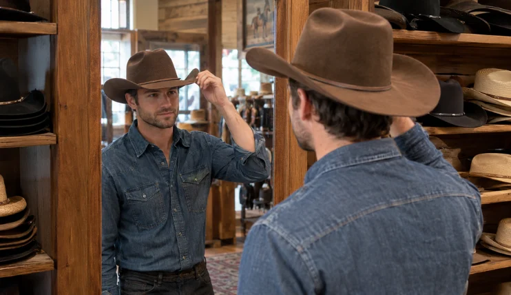 Home 13 Man trying on a brown felt cowboy hat and checking its fit and style in a mirror.