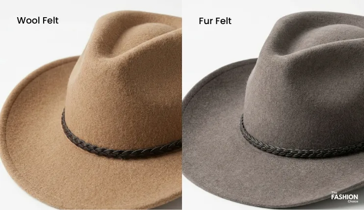 How to Choose a Cowboy Hat (Step by Step) 5 Side-by-side comparison of wool felt and fur felt cowboy hats showing their different surface textures.